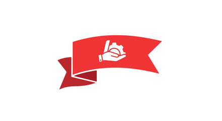 Obraz premium A red banner with a white hand icon shaking hands on a white background with a ribbon design.