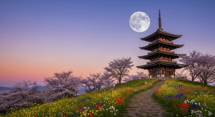 Obraz premium Traditional pagoda on a hill surrounded by vibrant wildflowers and budding trees. The moon rises over a clear, purple spring twilight. 16:9.