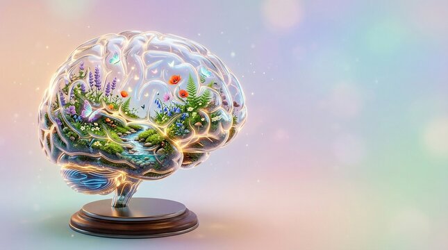 Conceptual 3d illustration of a glass terrarium shaped like a brain with a spring ecosystem