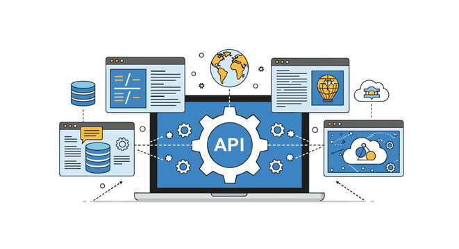Application programming interface integration concept showing monitor with central gear connected to various data services.
