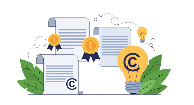 Intellectual property and patent protection concept showing certified documents with medals and copyright lightbulb symbol.