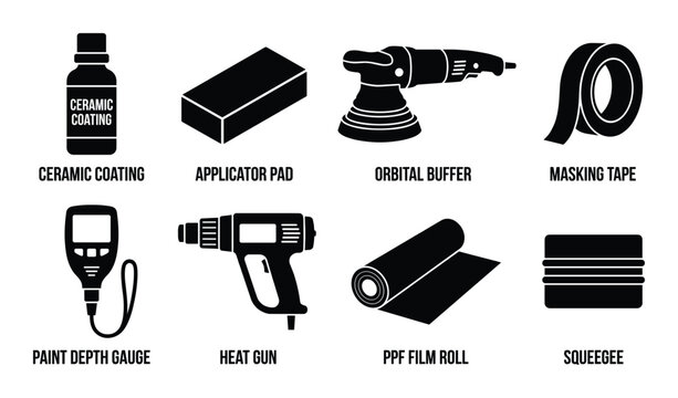 Auto detailing car ceramic coating tools set silhouette icons collection for vehicle paint protection