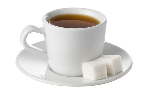 Cup of tea with sugar cubes on saucer, isolated on transparent cutout background
