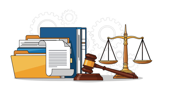 Legal services and justice system concept featuring judge gavel scales of justice and organized case file folders.