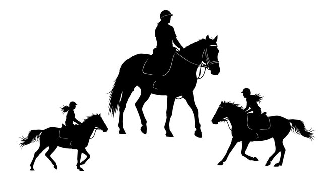 Silhouettes of three riders on horseback walking side by side outdoors
