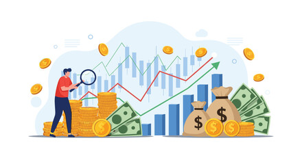 Fototapeta premium Detailed investment analysis and financial auditing showing man using magnifying glass to inspect wealth and performance charts.