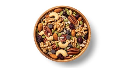 Fototapeta premium A wooden bowl filled with a colorful assortment of mixed nuts. The nuts include almonds, cashews, walnuts, pecans, and dried cranberries.