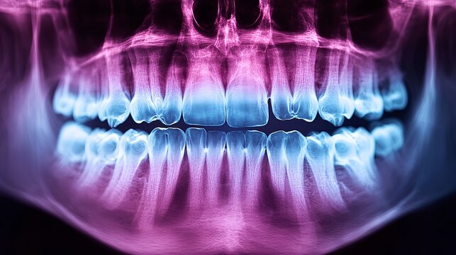 Panoramic dental X-ray showing upper and lower teeth, medical procedure imagery.