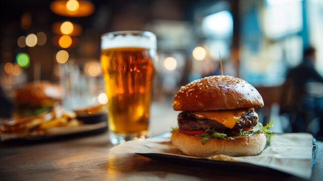 Juicy Burger  Frothy Beer Classic Pub Grub Comfort in Soft Light.