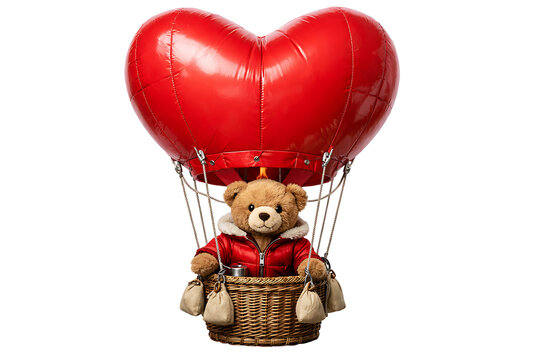 Romantic red heart shaped hot air balloon with cute teddy bear in basket on white background