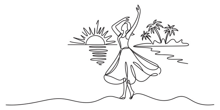A beautiful continuous line drawing featuring a woman dancing on a tropical beach at sunset time.