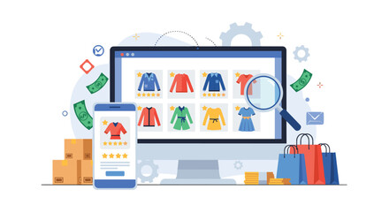 Naklejka premium Online fashion retail and e-commerce shopping concept with clothing store interface on monitor, smartphone, and shopping bags.