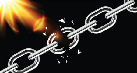 Naklejka premium Broken Chain Vector Background with Light Burst Effect, Metal Link Explosion Symbol of Freedom Strength and Power, Abstract Business Breakthrough Concept Illustration