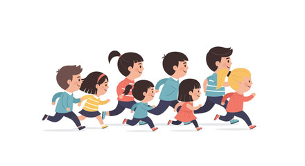 Fototapeta premium A group of cute cartoon children running and playing together in a flat vector illustration style.
