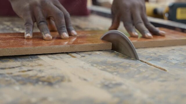 Hands operate skillfully. Focused hands cut wood accurately in busy workshop. Carefully pressing and guiding tool to eventually create delicate wood shavings amidst active workshop environment
