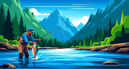 Fototapeta premium A male angler, wearing a blue shirt, brown waders, and a cap, stands in a vibrant river, expertly reeling in a large, colorful fish that splashes excitedly from the water, capturing the rewarding