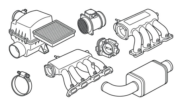 Automotive engine air intake system components with manifold filter and throttle body line art set