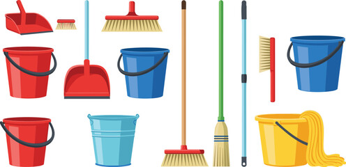 Housekeeping and Commercial Cleaning Supplies Icon Set featuring Buckets Brooms Mops and Dustpans for Janitorial Services Home Maintenance and Hygiene Management Vector Illustrations © Mostrenu
