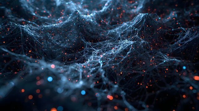 Glowing artificial intelligence neural network visualization with interconnected nodes, flowing data streams, and futuristic digital interface in deep blue light