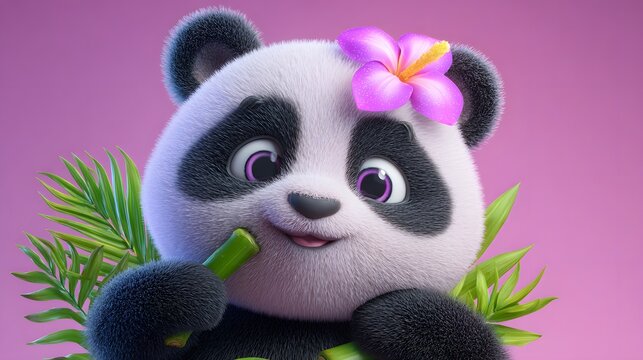 Adorable 3D Fluffy Panda Character Holding Flowers and Eating Bamboo