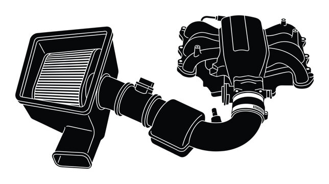 Black silhouette of engine air intake system and manifold for car performance upgrade
