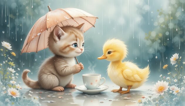 adorable kitten and small duck sharing tea under a tiny umbrella in rain