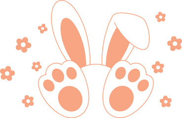 Fototapeta premium Cute cartoon bunny ears and feet illustration hiding in the grass with spring flowers