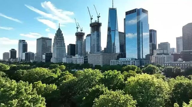 Modern city skyline with skyscrapers and construction projects overlooking a lush green park, capturing the dynamic interplay of urban growth and nature