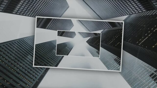 Layered Urban Perspective: Modern Skyscrapers Reflected and Framed