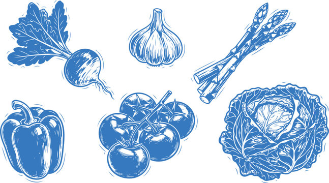 Assortment of Fresh Blue Vegetables Illustration in Classic Linocut Style on White Background