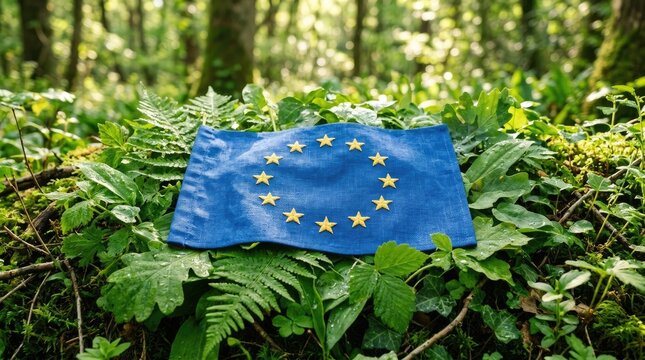 A European Union flag rests on a bed of lush green ferns and moss in a dense forest. Sunlight filters through the trees, creating a dappled light effect.