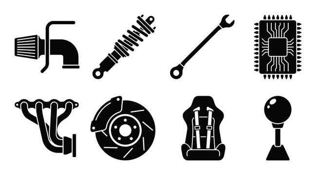 Car parts vector icons set isolated on transparent grid background automotive tuning elements