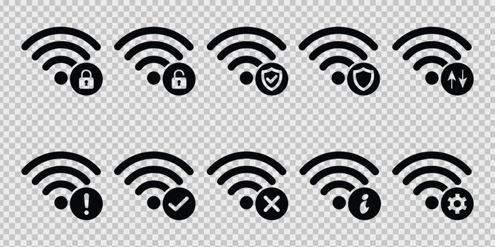 A collection of black wifi signal strength icons with security and status indicators silhouette high-quality