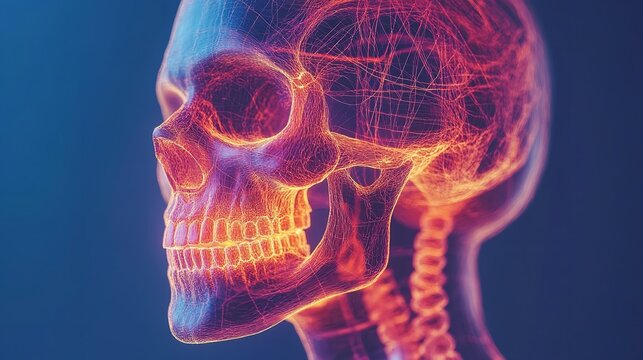 Medical illustration depicting a 3D rendered human skull showing bone structure