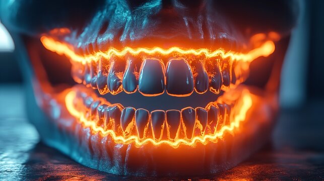 Abstract illustration of human teeth with neon-like glowing energy, science concept