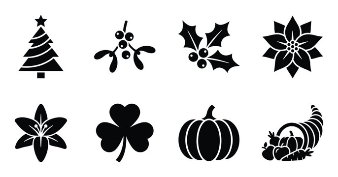 Christmas holiday plants vector icons mistletoe holly poinsettia lily shamrock pumpkin cornucopia