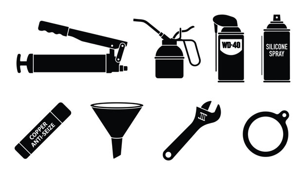 Collection of eight black silhouettes of automotive maintenance and lubrication tools