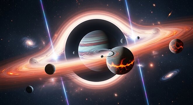 A cosmic illustration of a black hole with an orange accretion disk, surrounded by various planets, moons, and distant galaxies in deep space.