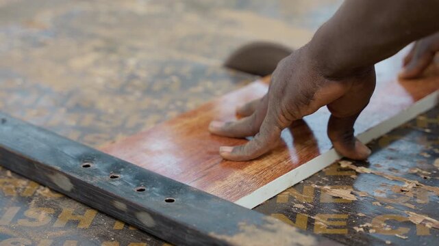 Closeup black carpenter sanding hardwood plank, hands guiding sandpaper along marked edge near saw blade, warm wood grain, fine sawdust coating fingers, concentrated finishing and surface preparation