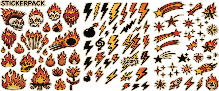 Fire, flame, lightning and star brush vector. Grafitti hand drawn bolt fire star scribble doodle Illustration. Chalk background, music collage. Marker crayon brush Sketch icon. Flame and lightning bg