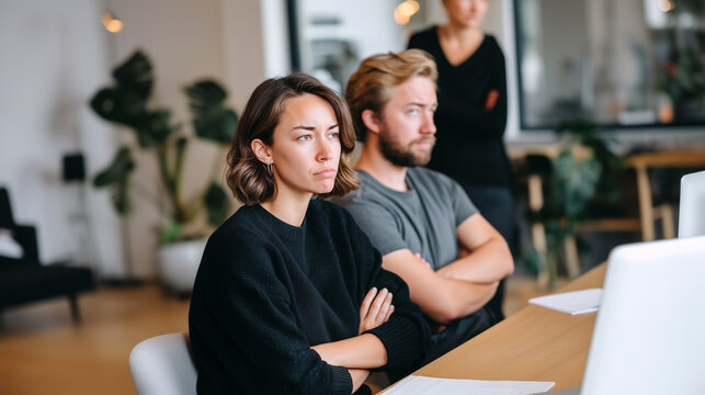 Dissatisfied woman with crossed arms sits beside unhappy male colleague at office table, while third coworker stands behind, showing team conflict and workplace tension.