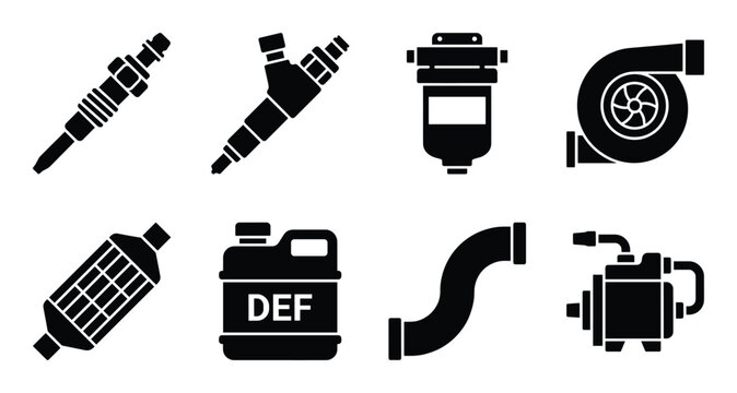 Diesel engine components set with fuel injector glow plug turbocharger and exhaust pipe icons black