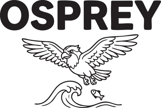 Black and white outline of a cartoon osprey bird flying over waves with a fish Keywords: osprey