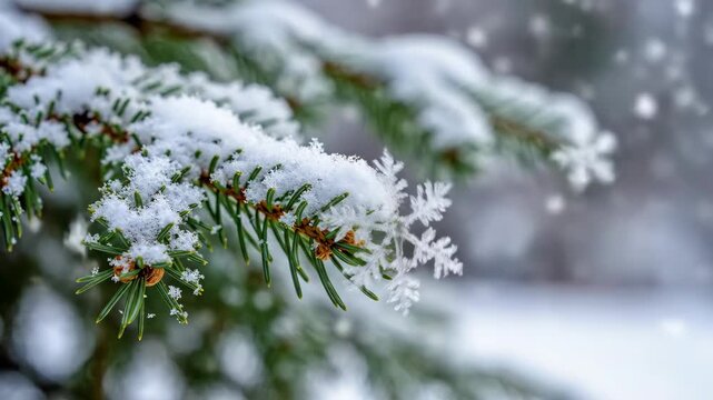 Snow covered fir branch with a single snowflake in winter wonderland scene evoking seasonal freshness and holiday spirit