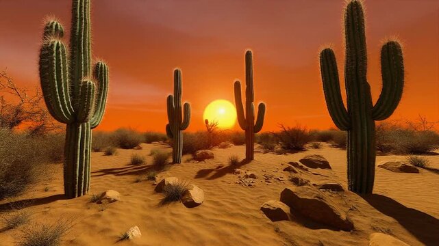 Desert landscape with cacti at sunset in sandy terrain