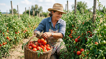 Fototapeta premium Woman harvesting ripe tomatoes in a field.