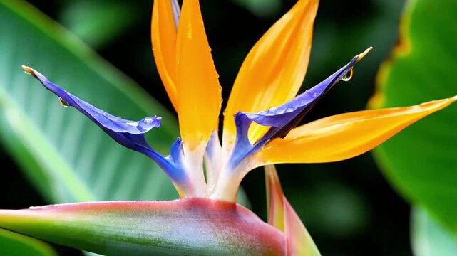 Close-up of a bird of paradise flower, highlighting the vibrant orange and blue contrasting colors, sharp focus.