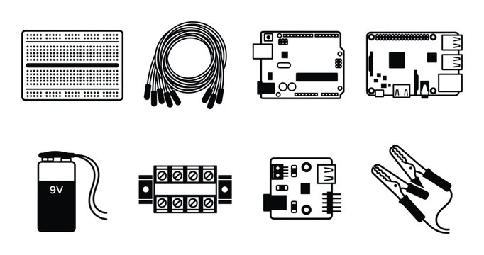 Electronics components and tools vector icons set breadboard jumpers microcontrollers battery terminal block
