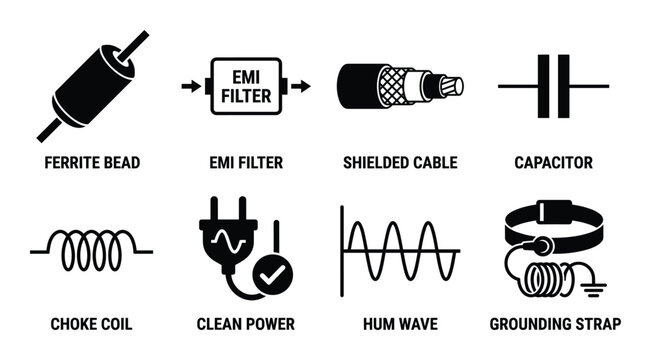 Electronic noise filter components icons set ferrite bead emi filter choke coil and grounding strap