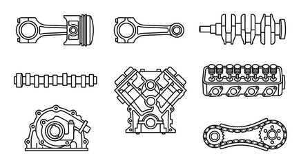 Engine internal components line art icons featuring piston v8 block crankshaft and cylinder head set © GoDesigner